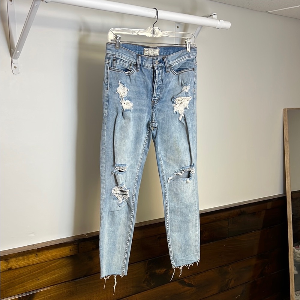 Free People Crochet Detail Distressed Light Blue Raw Hem Straight Leg Jeans- 2